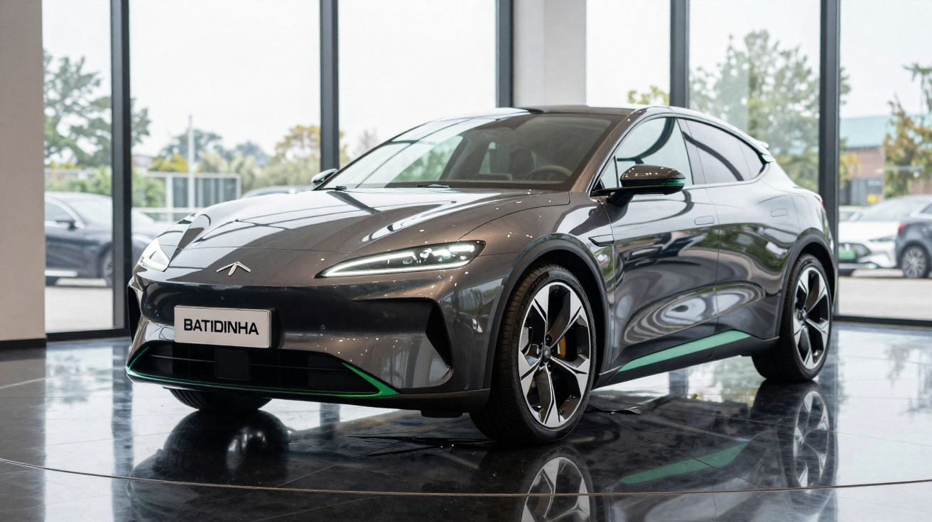 Carro elétrico cinza escuro, modelo esportivo, exibido em showroom com piso brilhante e janelas grandes.