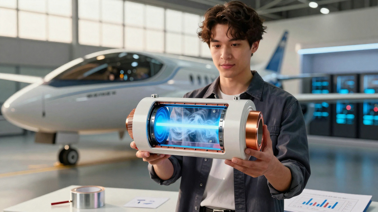 Homem segurando modelo de motor futurista azul em hangar com avião ao fundo.
