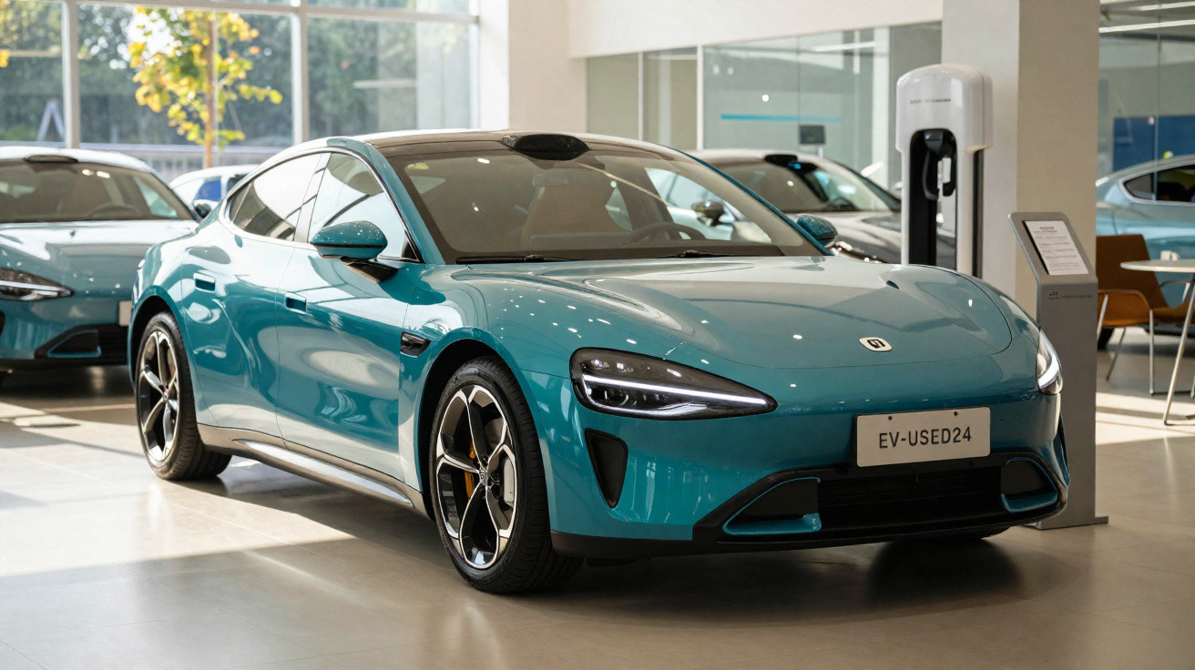Carro elétrico azul brilhante estacionado em showroom com estação de recarga visível ao fundo.