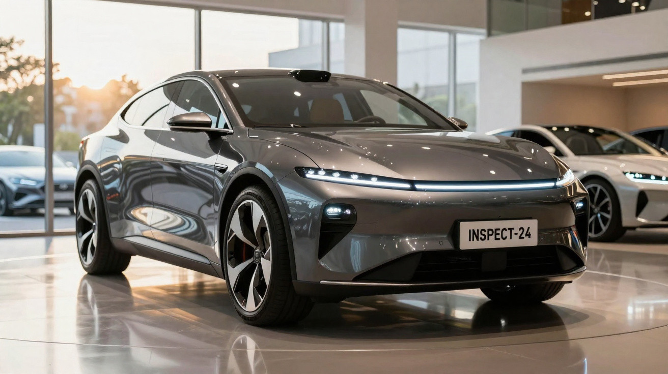 Carro elétrico cinza escuro com design moderno exibido em showroom com luz natural ao fundo.