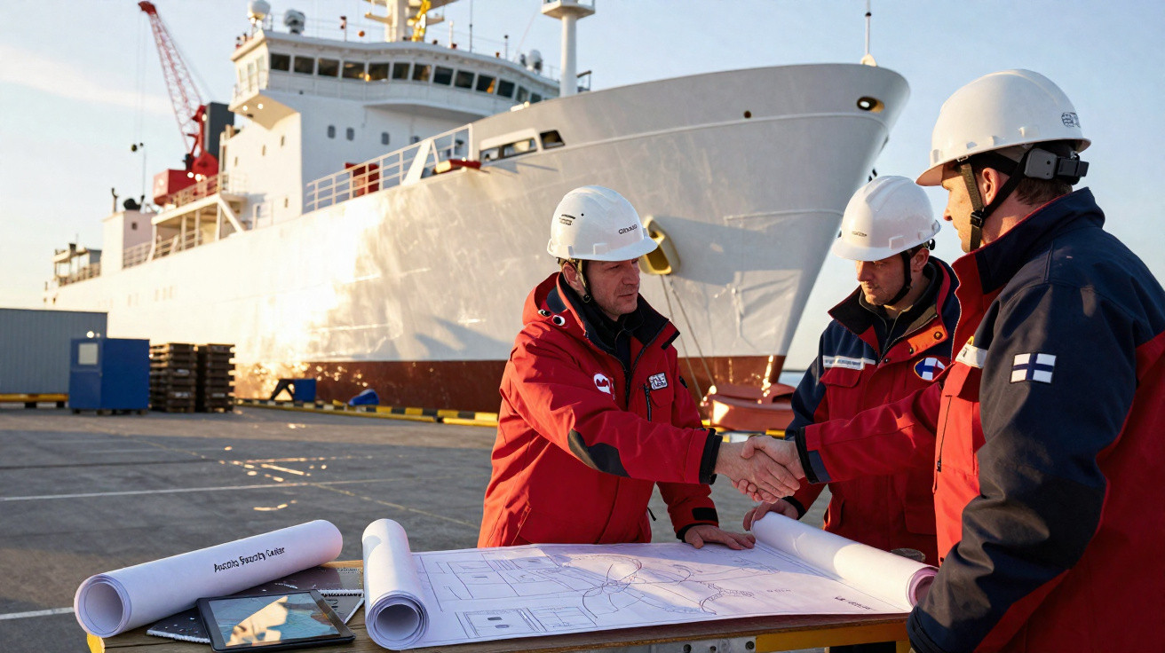 Três homens com capacetes e jaquetas vermelhas apertam as mãos em frente a um grande navio branco no porto.
