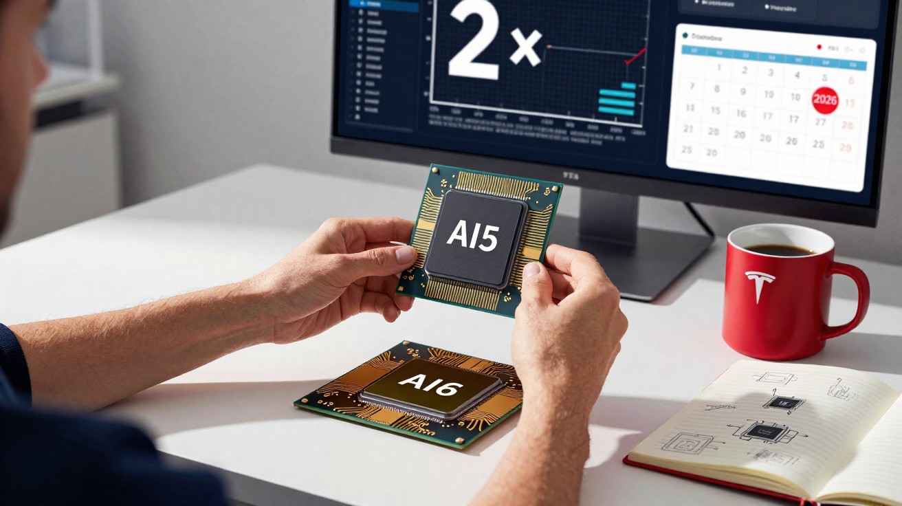 Pessoa segurando chip A15 com chip A16 sobre a mesa, computador e caneca vermelha da Tesla ao fundo.