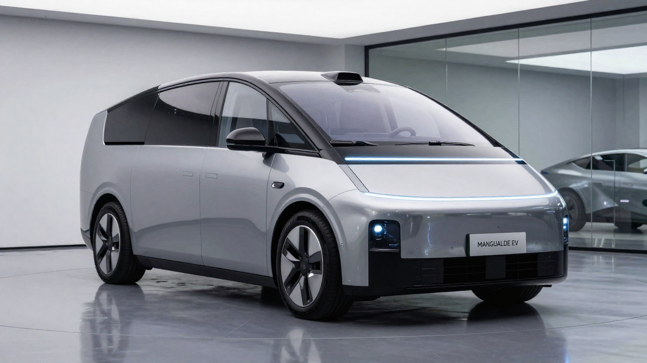Veículo elétrico cinza futurista Mangalade EV estacionado em ambiente interno moderno com paredes espelhadas.