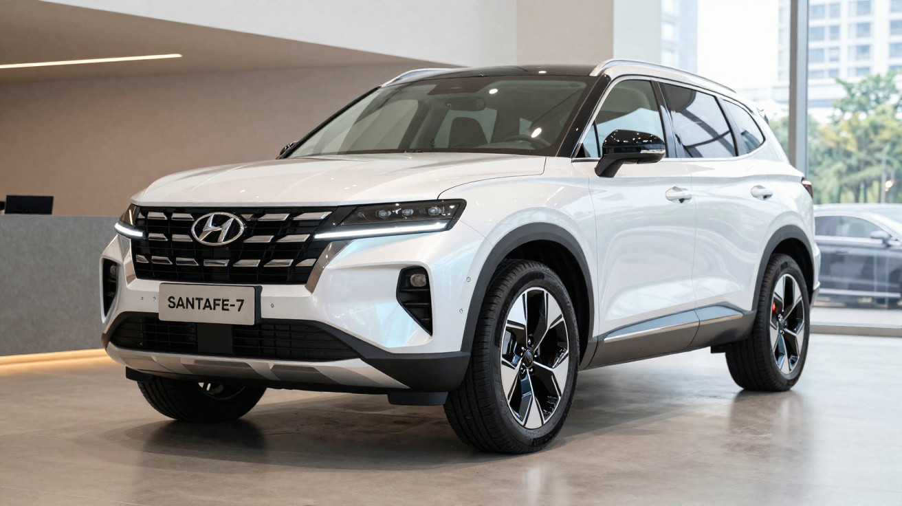 Carro SUV branco Hyundai Santa Fe-7 estacionado em ambiente interno moderno.