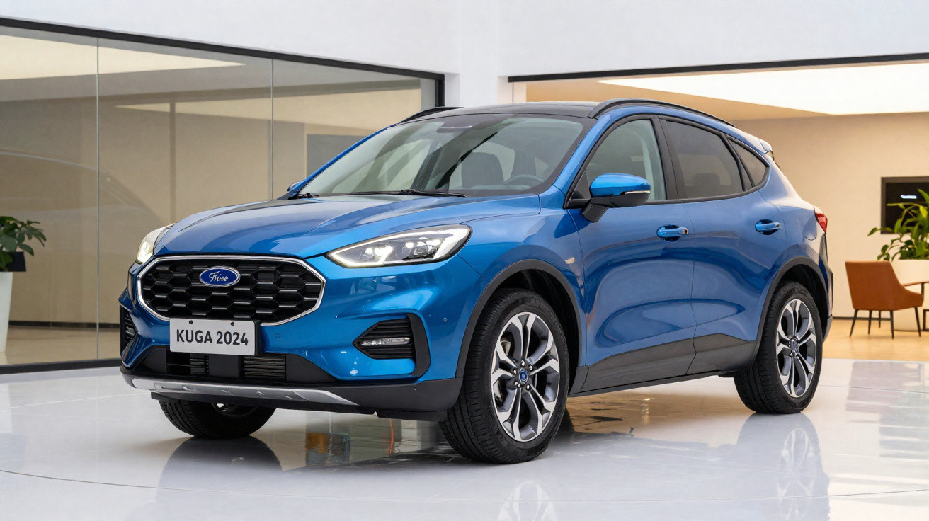 Carro SUV Ford Kuga 2024 azul estacionado em ambiente interno com piso branco brilhante.