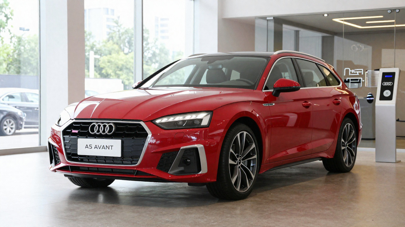 Carro Audi A5 Avant vermelho exibido em showroom com iluminação natural e piso cinza.