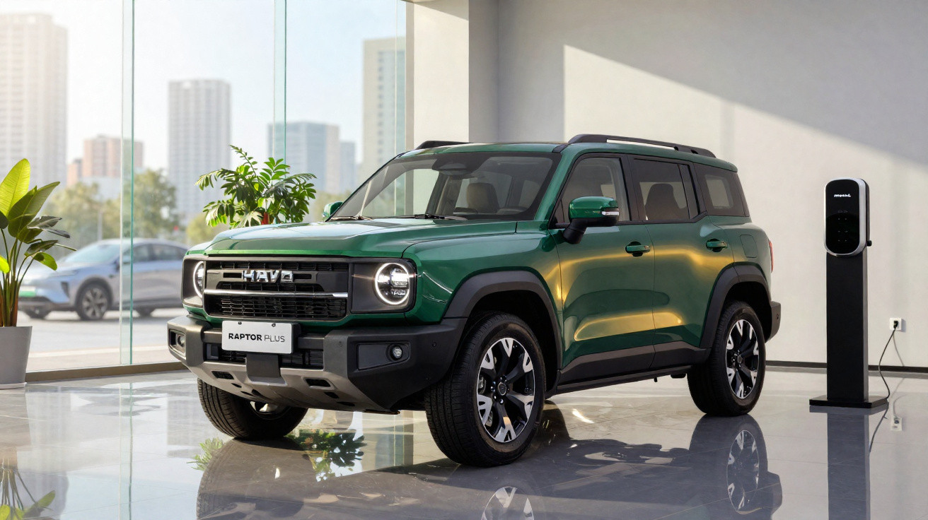 SUV elétrico verde Haval Raptor Plus estacionado em showroom moderno com carregador ao lado e vista urbana ao fundo.