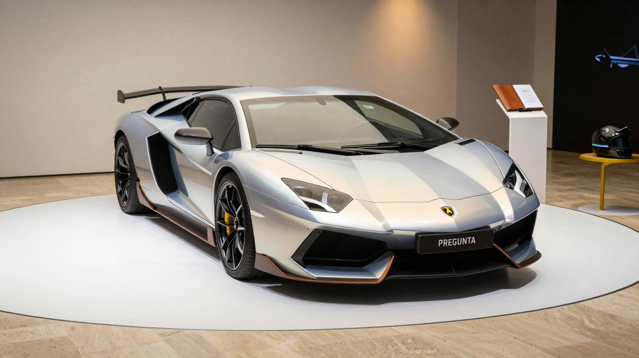 Carro esportivo prata estacionado em exposição sobre base circular branca em ambiente interno.