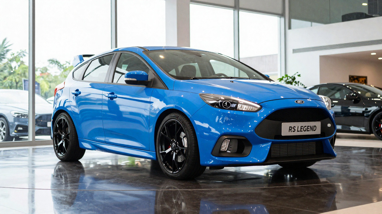 Carro esportivo hatch azul com rodas pretas em showroom moderno e iluminado.