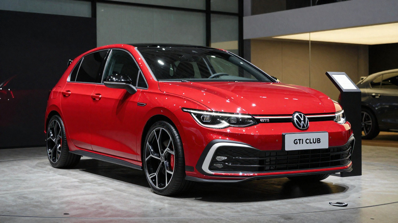 Carro Volkswagen Golf GTI Club vermelho exposto em ambiente interno, com rodas esportivas e faróis acesos.