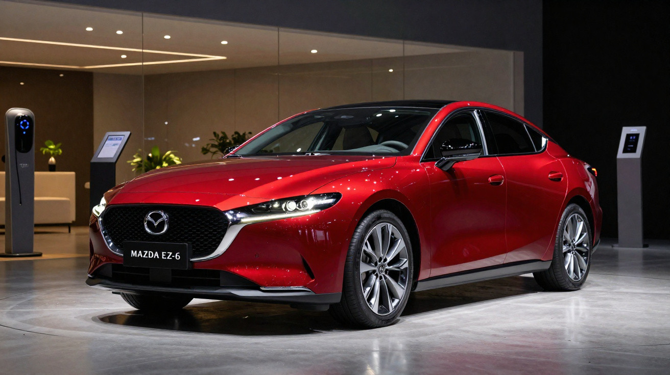 Carro elétrico vermelho Mazda EZ-6 estacionado em ambiente interno moderno e iluminação suave.