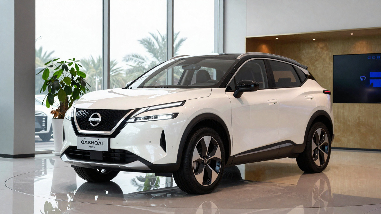 SUV Nissan Qashqai 2024 branco em exposição dentro de showroom moderno e iluminado.