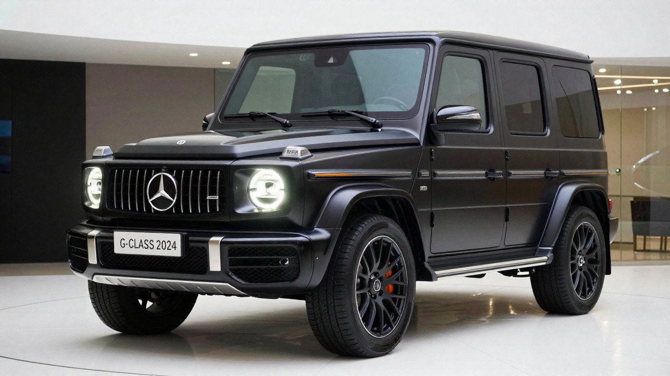 Mercedes-Benz G-Class 2024 preta estacionada em ambiente interno com faróis acesos.