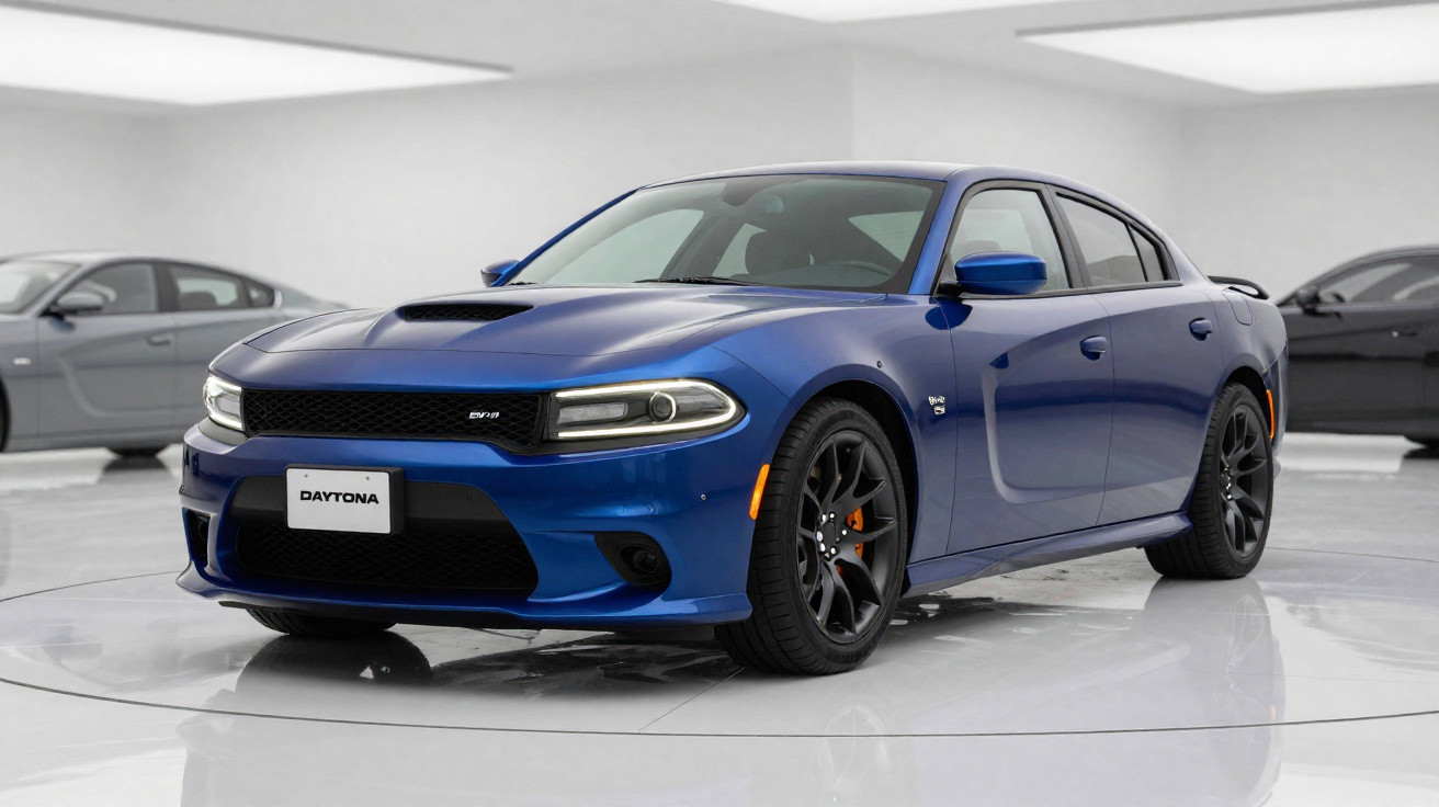 Carro esportivo Dodge Charger Daytona azul em exposição em ambiente interno branco.