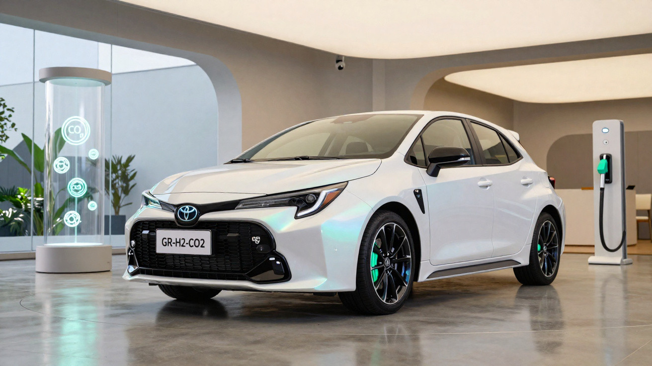 Carro branco elétrico Toyota estacionado em ambiente interno moderno com estação de recarga ao fundo.