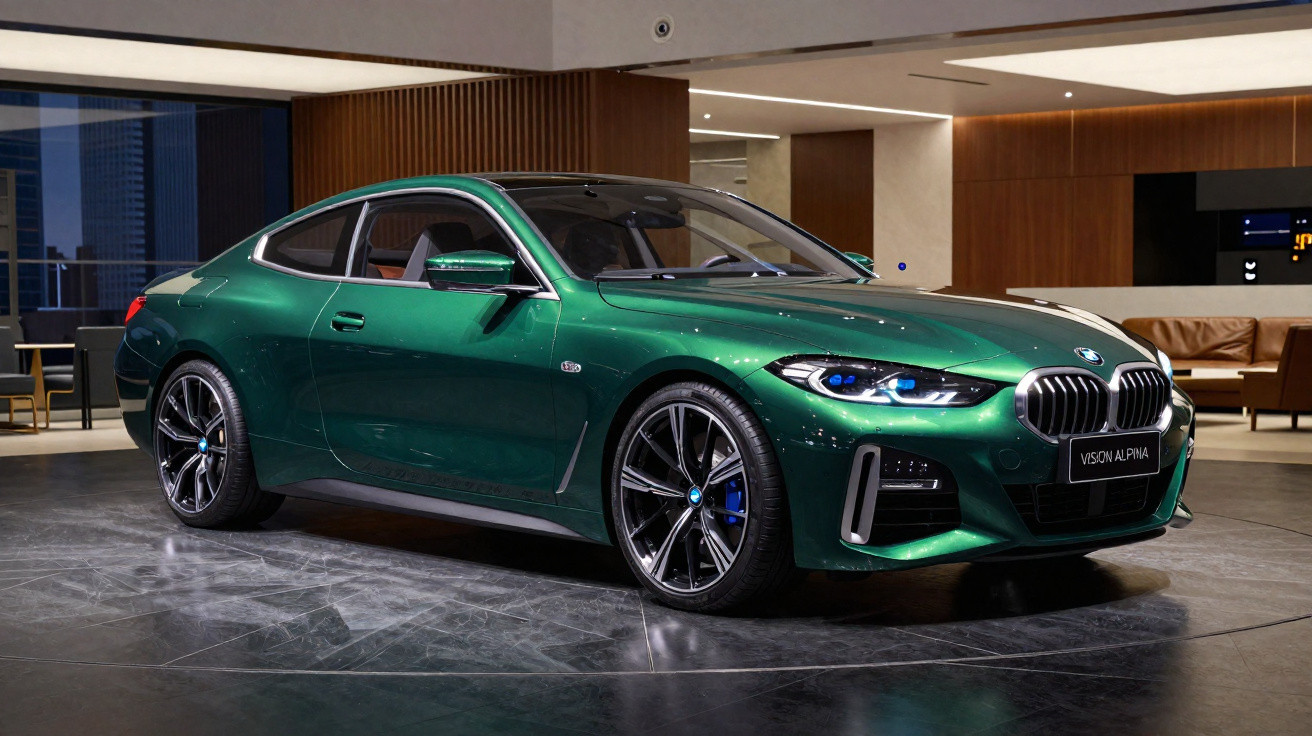 Carro esportivo BMW verde metálico em exibição em ambiente interno sofisticado com móveis modernos ao fundo.