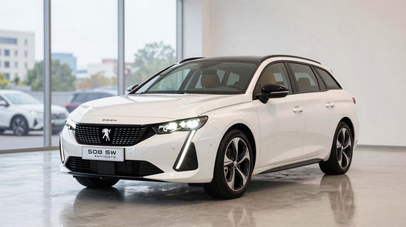 Carro Peugeot 508 SW Antidote branco estacionado em ambiente interno com teto preto.