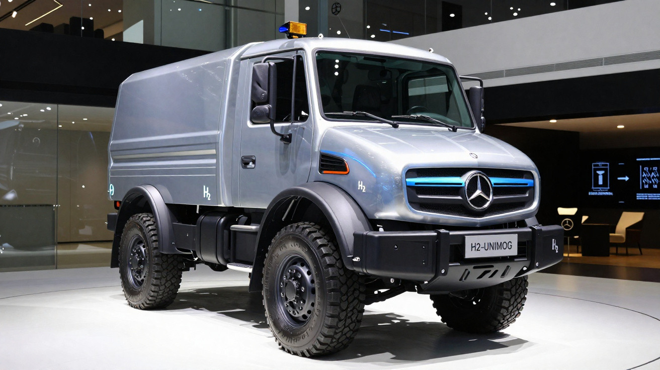Caminhão Mercedes-Benz Unimog H2 prata em exposição em ambiente interno moderno.