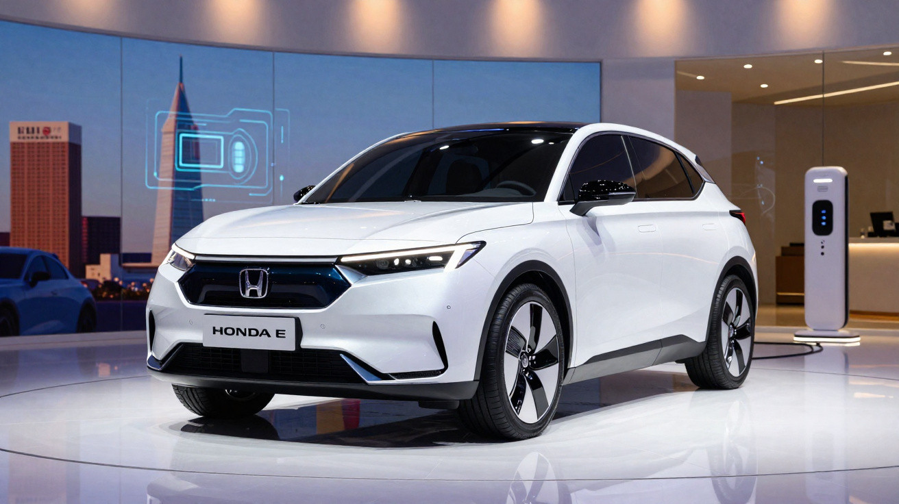 Carro elétrico branco Honda e modelo SUV exposto em ambiente moderno com carregador ao fundo.