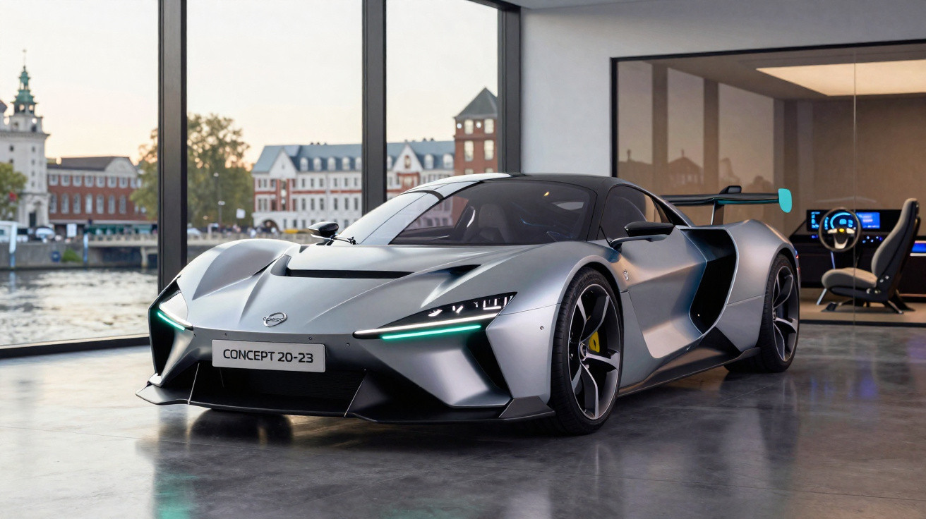 Carro esportivo conceito Nissan Concept 20-23 prata em showroom moderno com grandes janelas e vista urbana.
