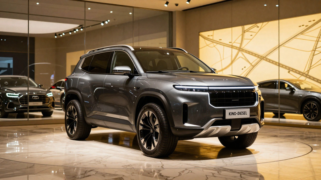 SUV cinza escuro King-Diesel exibido em salão com piso de mármore e espelhos ao fundo.