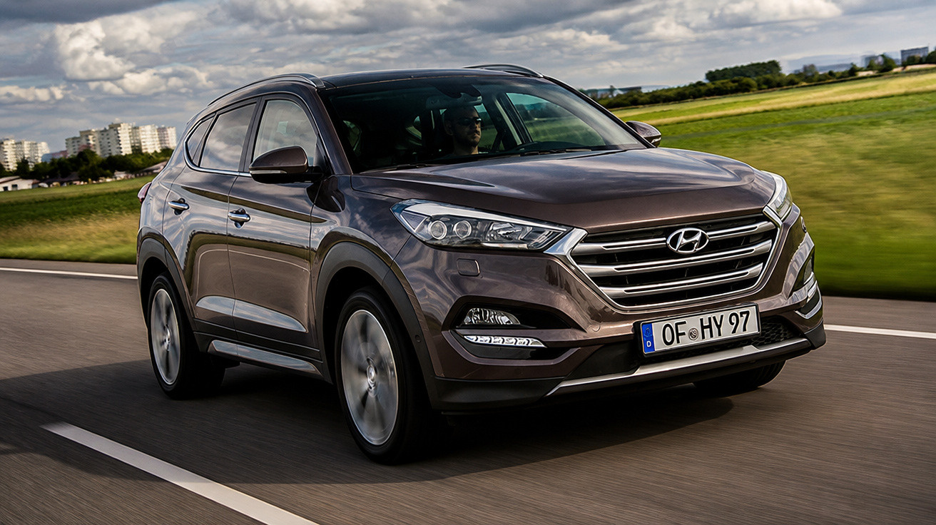 SUV Hyundai Tucson marrom em movimento em estrada com céu nublado e campo verde ao fundo.