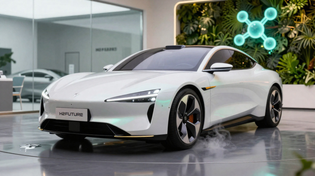 Carro esportivo elétrico branco estacionado em showroom com planta e símbolo molecular azul ao fundo.