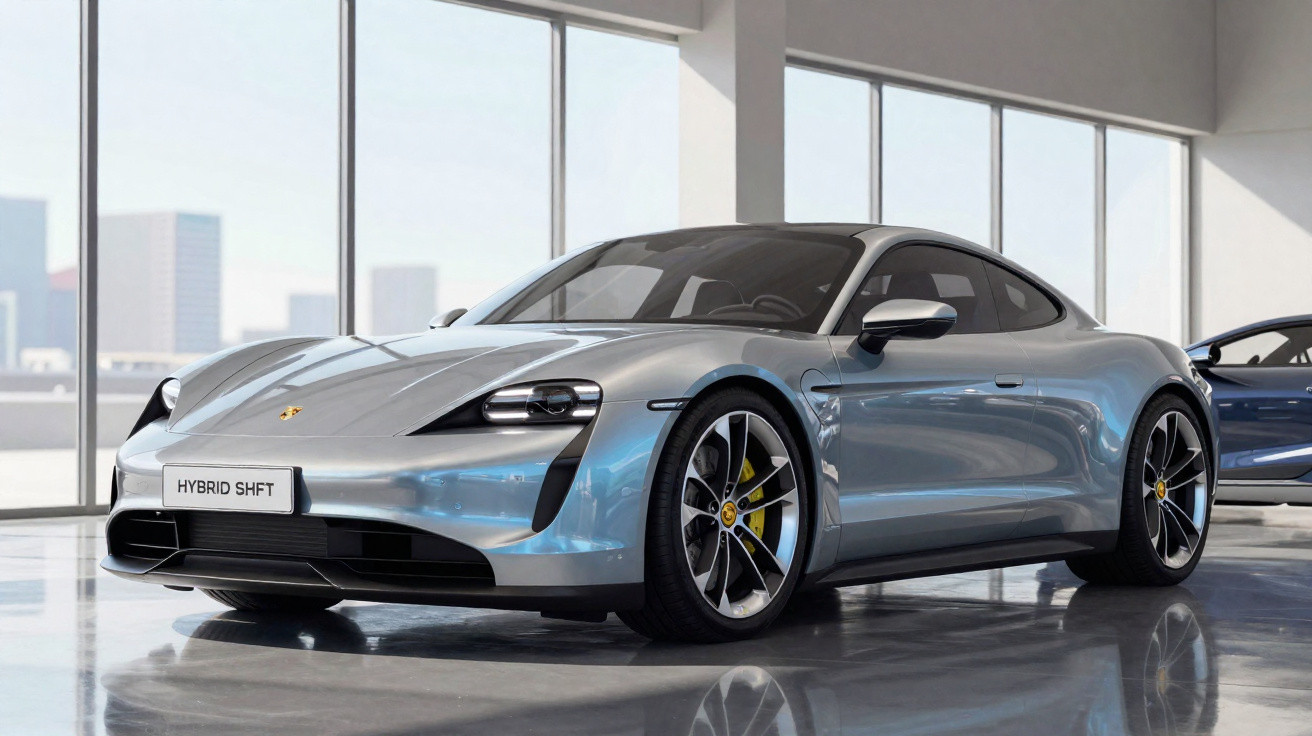 Carro esportivo Porsche Taycan prata exibido em showroom com piso brilhante e grandes janelas.