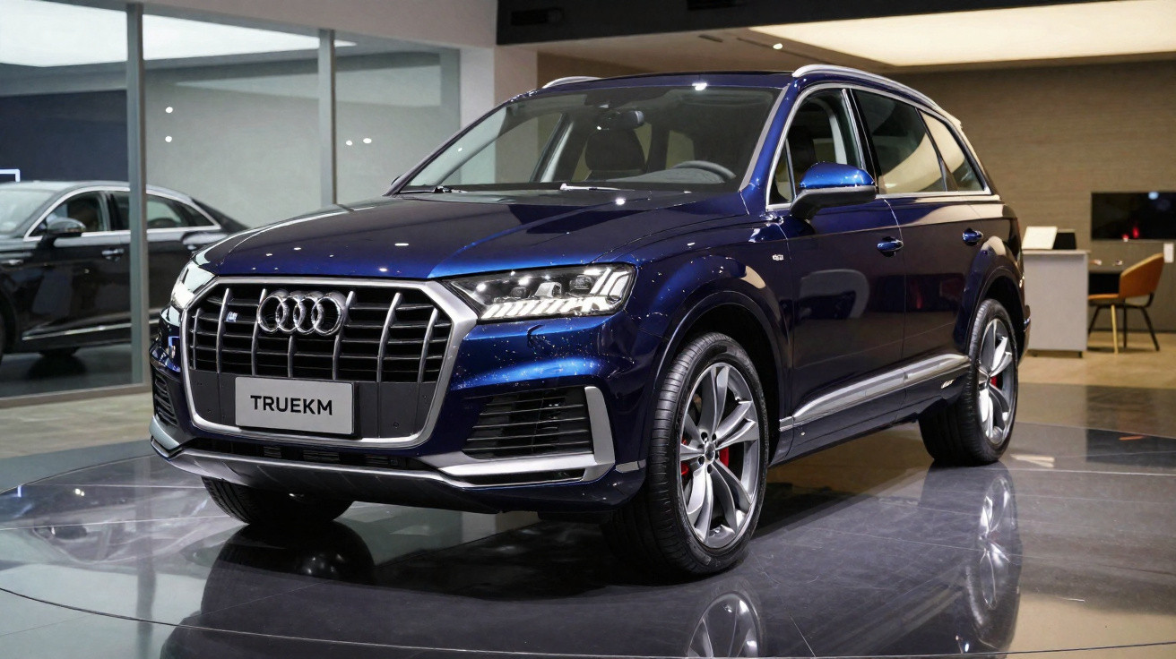 SUV Audi azul escuro exibido em salão automotivo, vista frontal direita com iluminação interna.