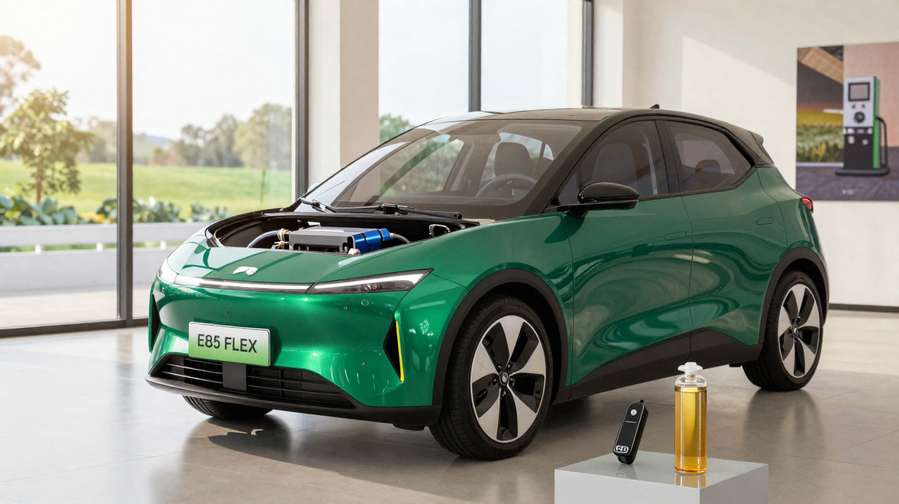 Carro verde elétrico E85 FLEX em exposição interna com capô aberto mostrando motor moderno.