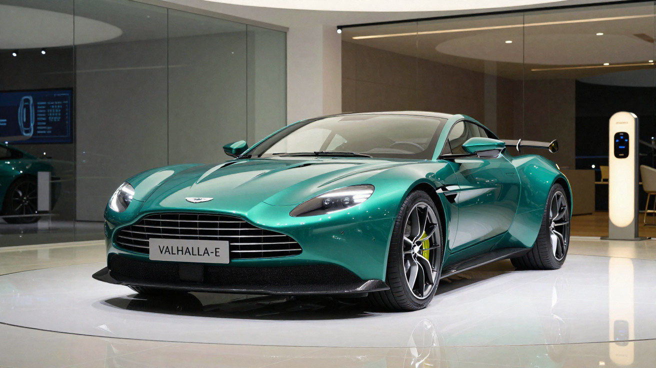 Carro esportivo verde Aston Martin Valhalla-E exposto em ambiente moderno e iluminado.