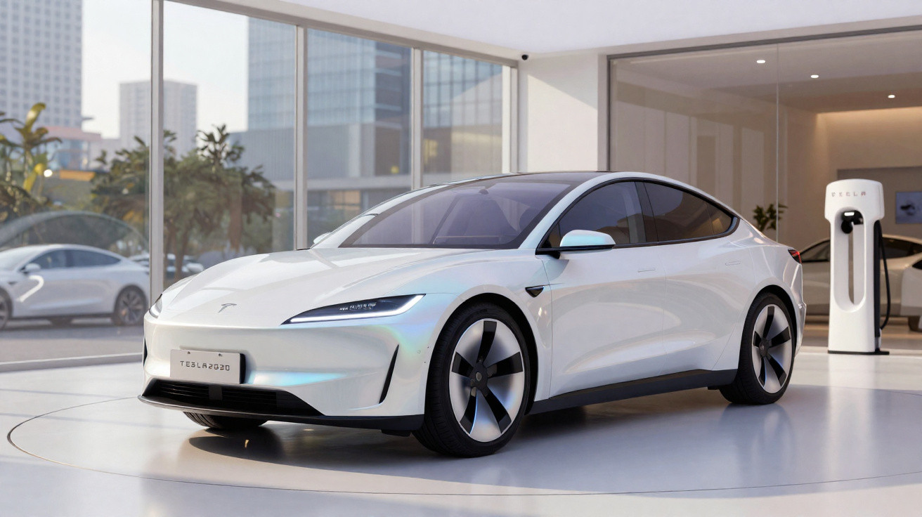 Carro elétrico Tesla branco estacionado em showroom moderno com paredes de vidro e estação de recarga.