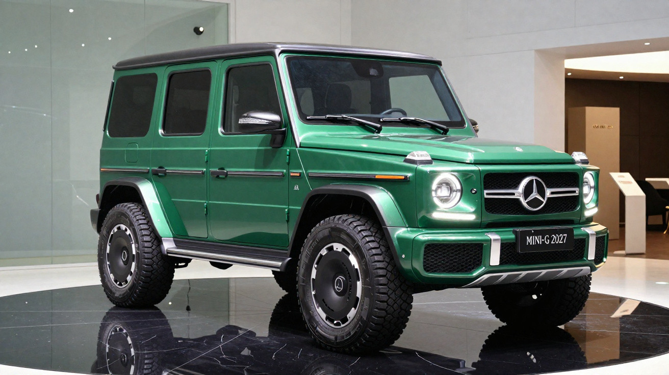 Carro verde Mercedes-Benz G-Class 2027 em exposição, com faróis ligados e rodas robustas.