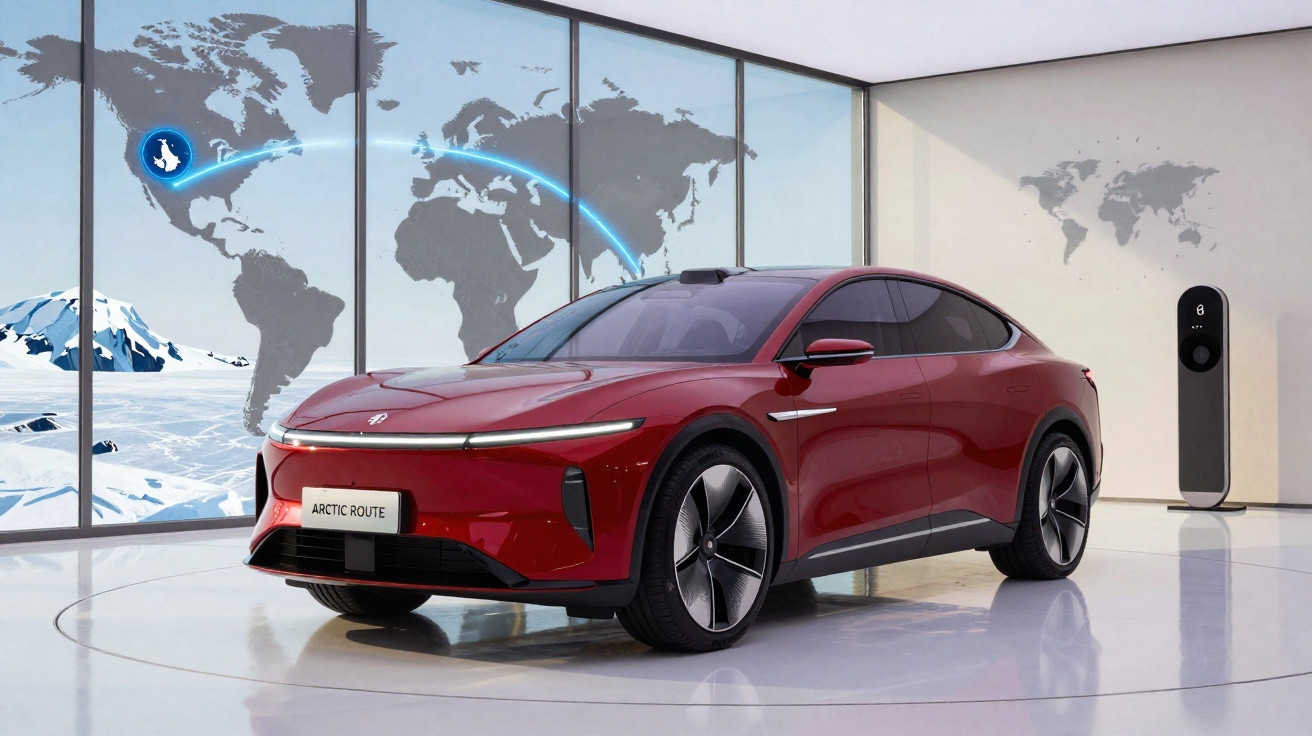 Carro elétrico vermelho modelo Arctic Route em showroom com mapa-múndi e estação de recarga ao fundo.