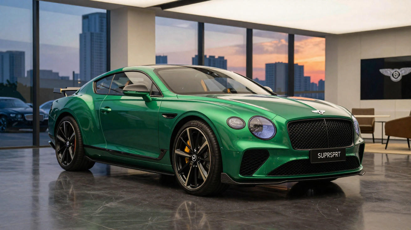Carro esportivo verde Bentley estacionado em showroom com vista para cidade ao pôr do sol.