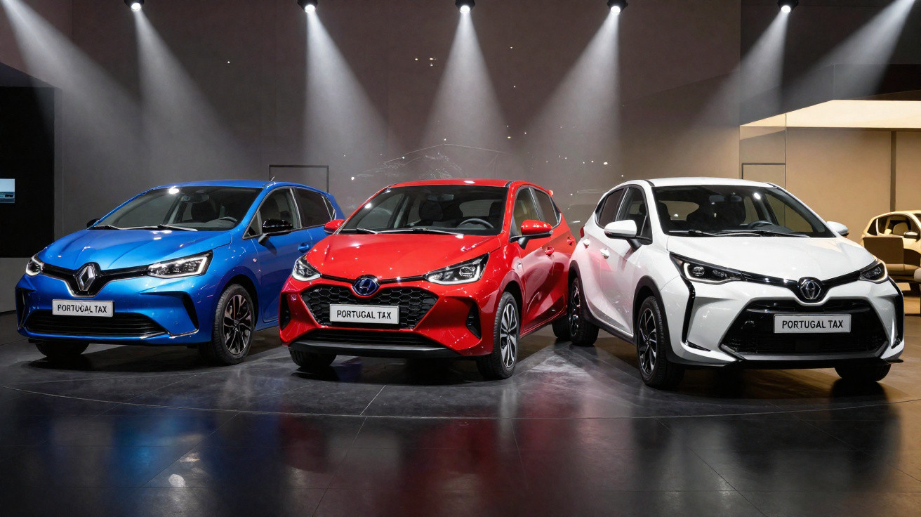 Três carros compactos em exposição, nas cores azul, vermelho e branco, com iluminação focada no teto.