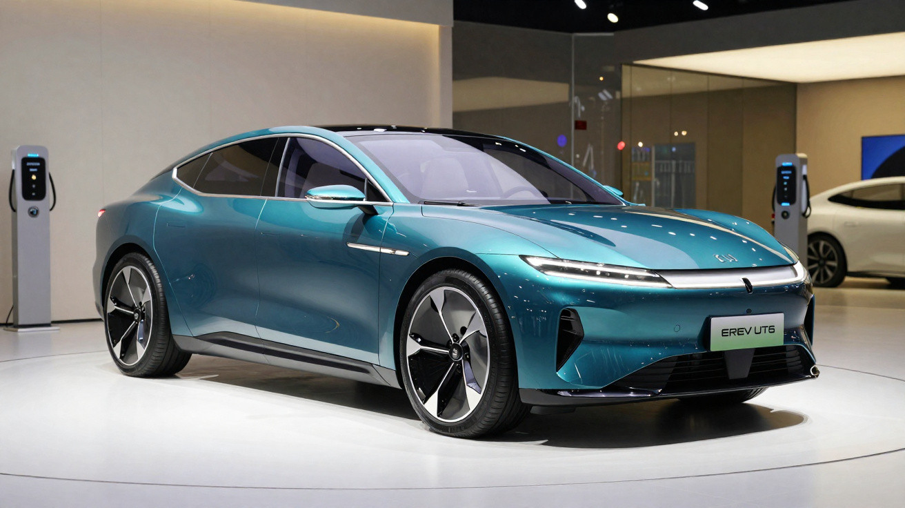 Carro elétrico azul em exposição, com design moderno e carregadores ao fundo em ambiente iluminado.