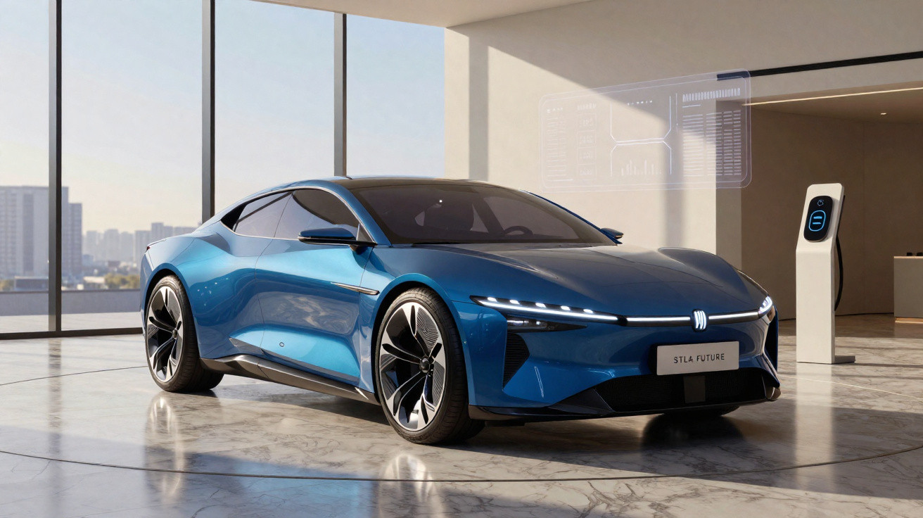 Carro elétrico esportivo azul em ambiente interno moderno com carregador ao fundo e painel digital holográfico.