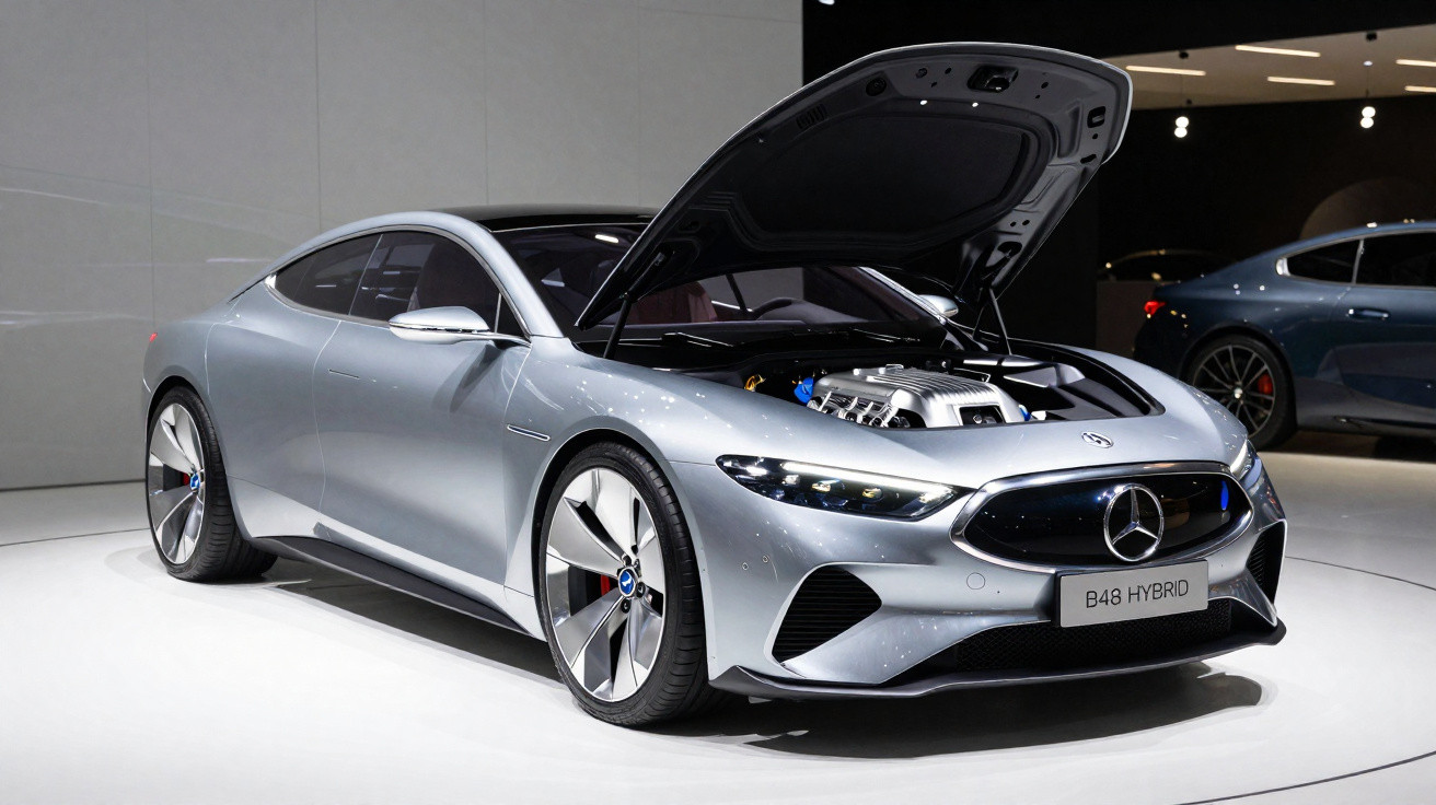 Carro esportivo Mercedes-Benz B48 Hybrid prata com capô aberto exibindo o motor em exposição.