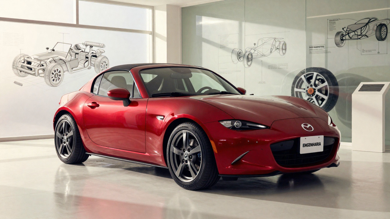 Carro esportivo vermelho Mazda MX-5 em exposição com desenhos técnicos nas paredes ao fundo.