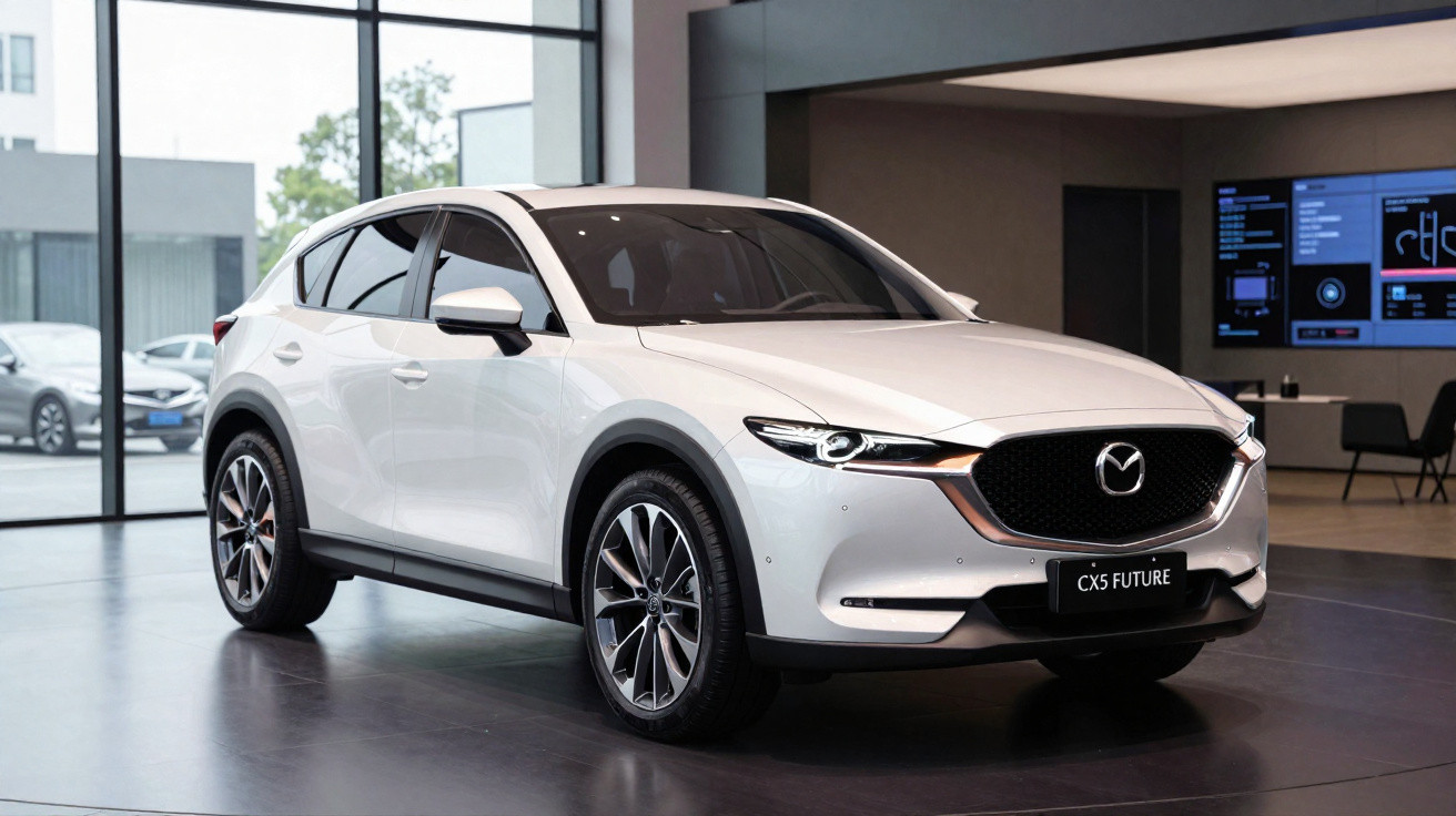 Carro SUV branco Mazda CX-5 Future exibido em showroom moderno com iluminação natural e tela digital ao fundo.