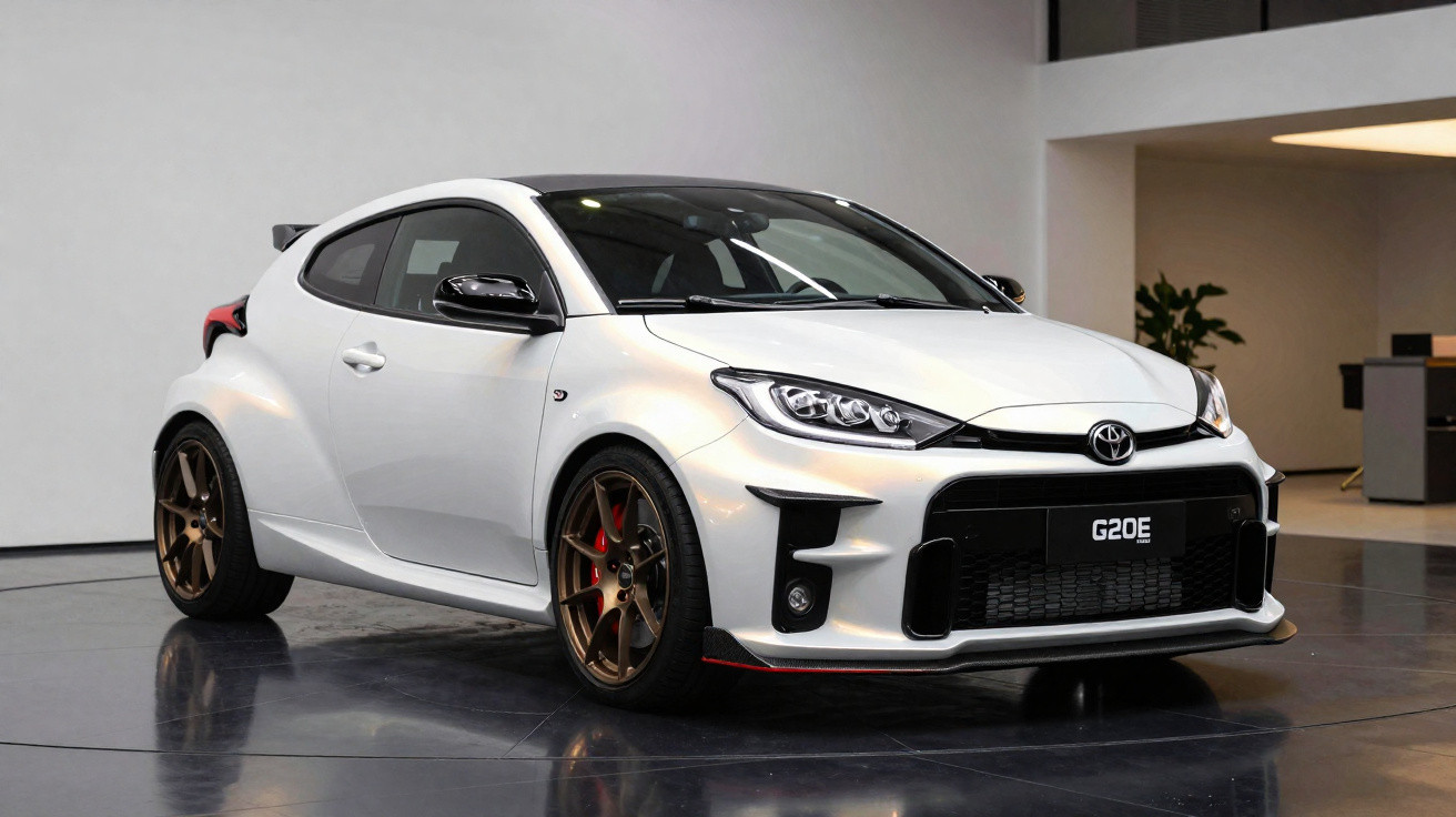 Carro esportivo branco com rodas douradas e detalhes em preto, em ambiente interno moderno.