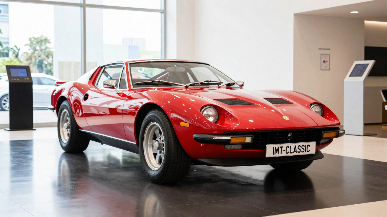 Carro esportivo clássico vermelho estacionado em área interna de exposição com placa IMT-CLASSIC.
