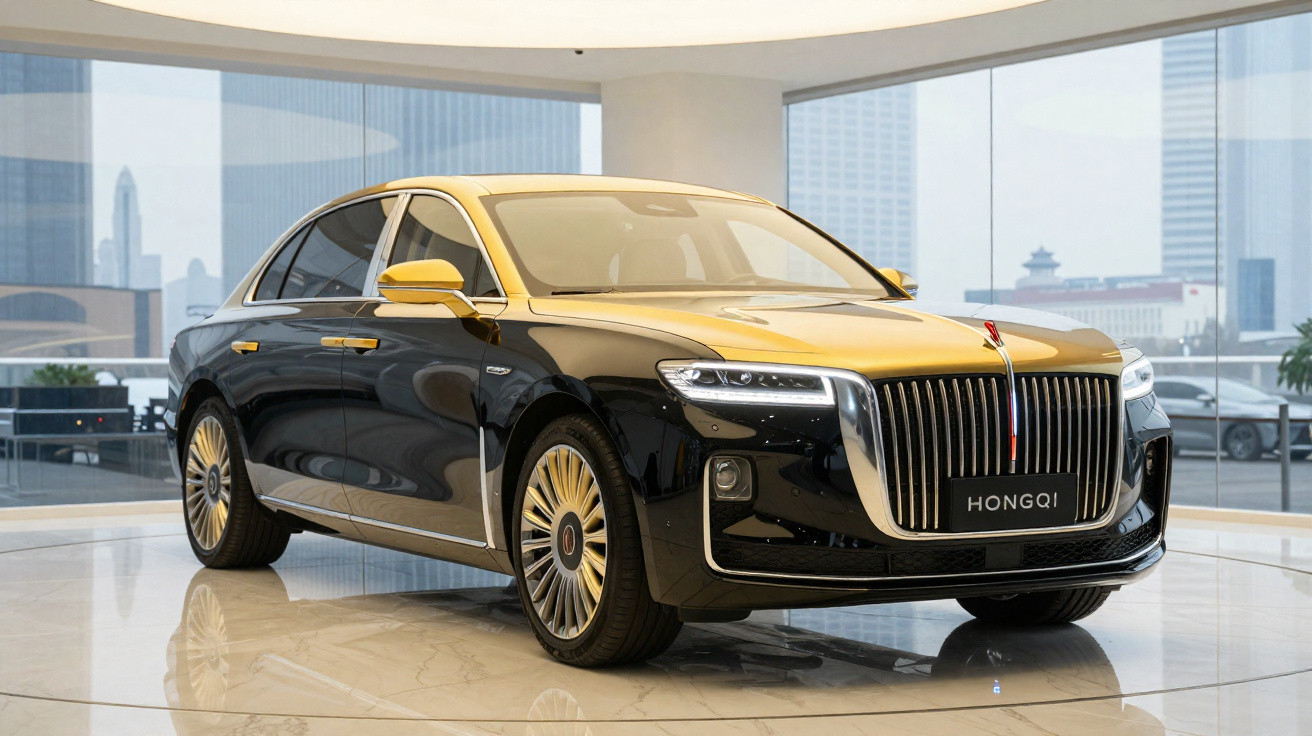 Carro de luxo preto e dourado modelo Hongqi em showroom com grande vitrine e prédio ao fundo.