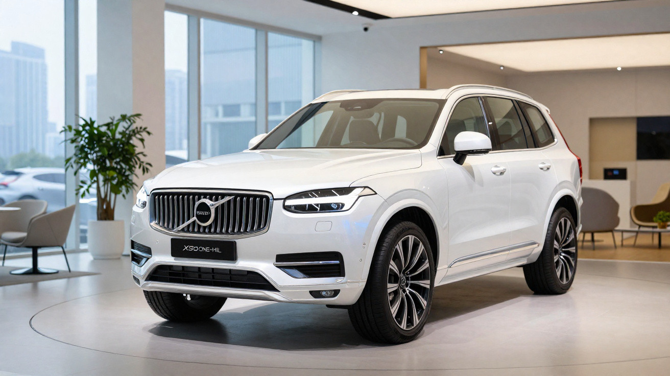 Carro SUV Volvo XC90 branco exibido em showroom moderno com poltronas e planta ao fundo.