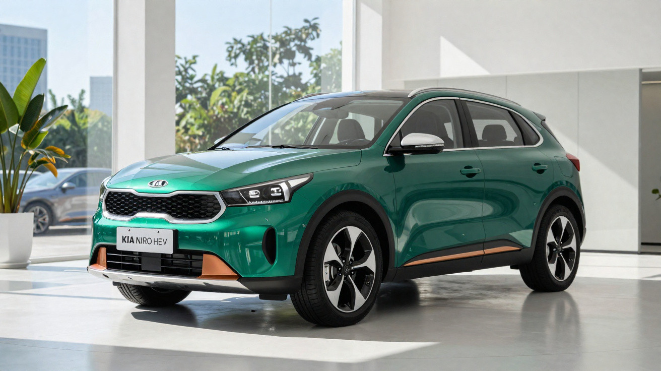 Carro SUV verde Kia Niro HEV estacionado em ambiente interno claro e moderno.