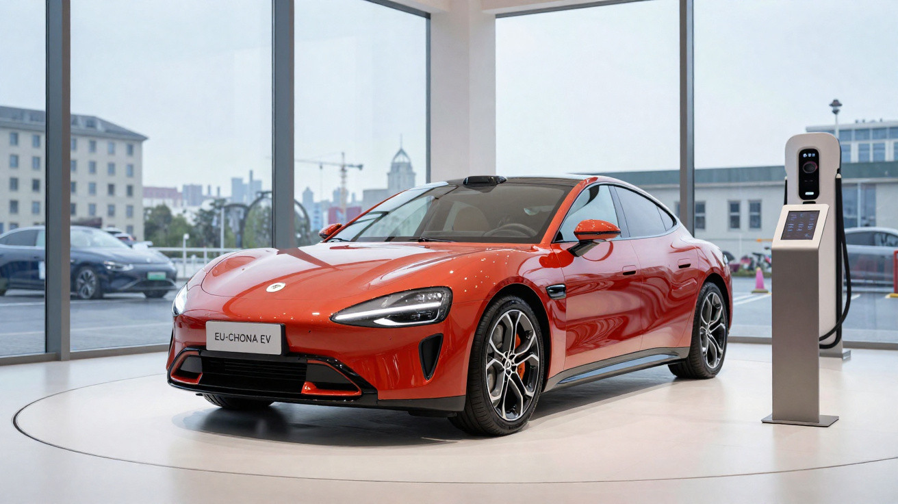 Carro elétrico esportivo vermelho em exposição ao lado de estação de recarga dentro de showroom moderno.