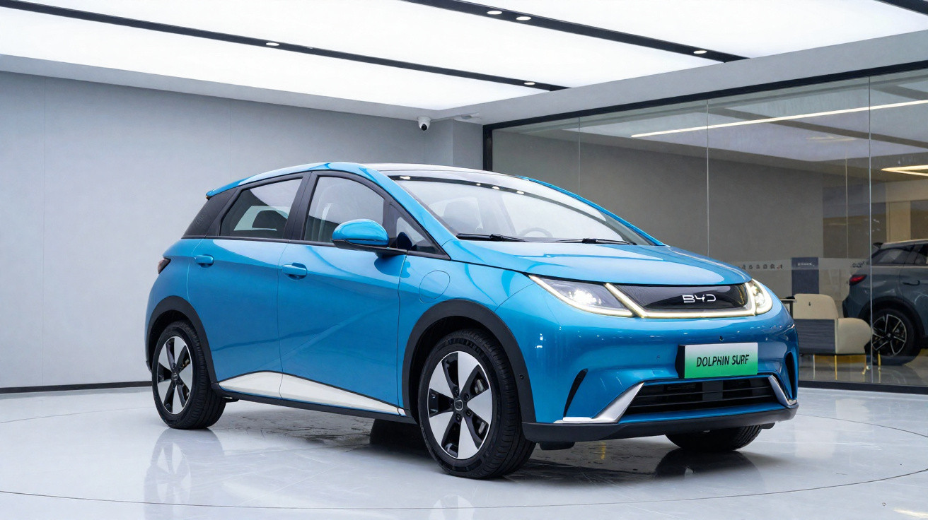 Carro elétrico azul BYD Dolphin Surf estacionado em ambiente interno moderno e iluminado.