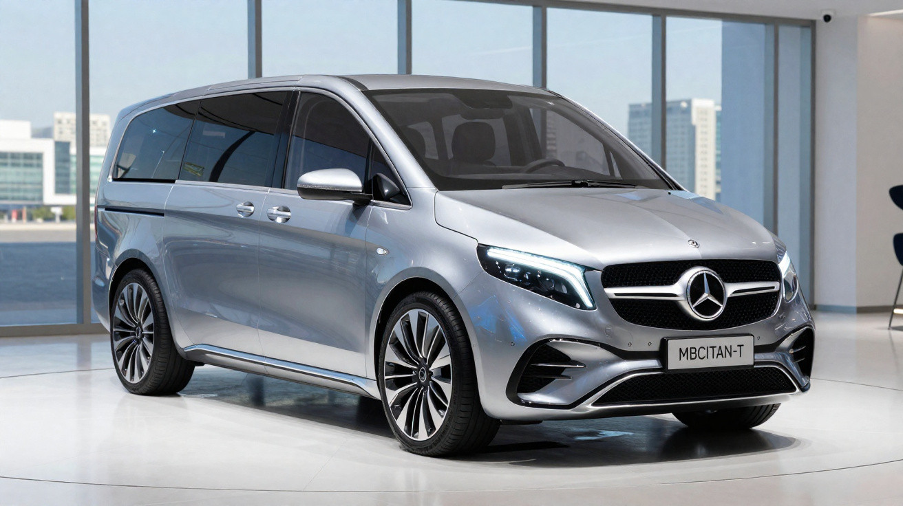 Vans prata Mercedes-Benz MBCITAN-T exibida em ambiente interno moderno com vidro ao fundo.