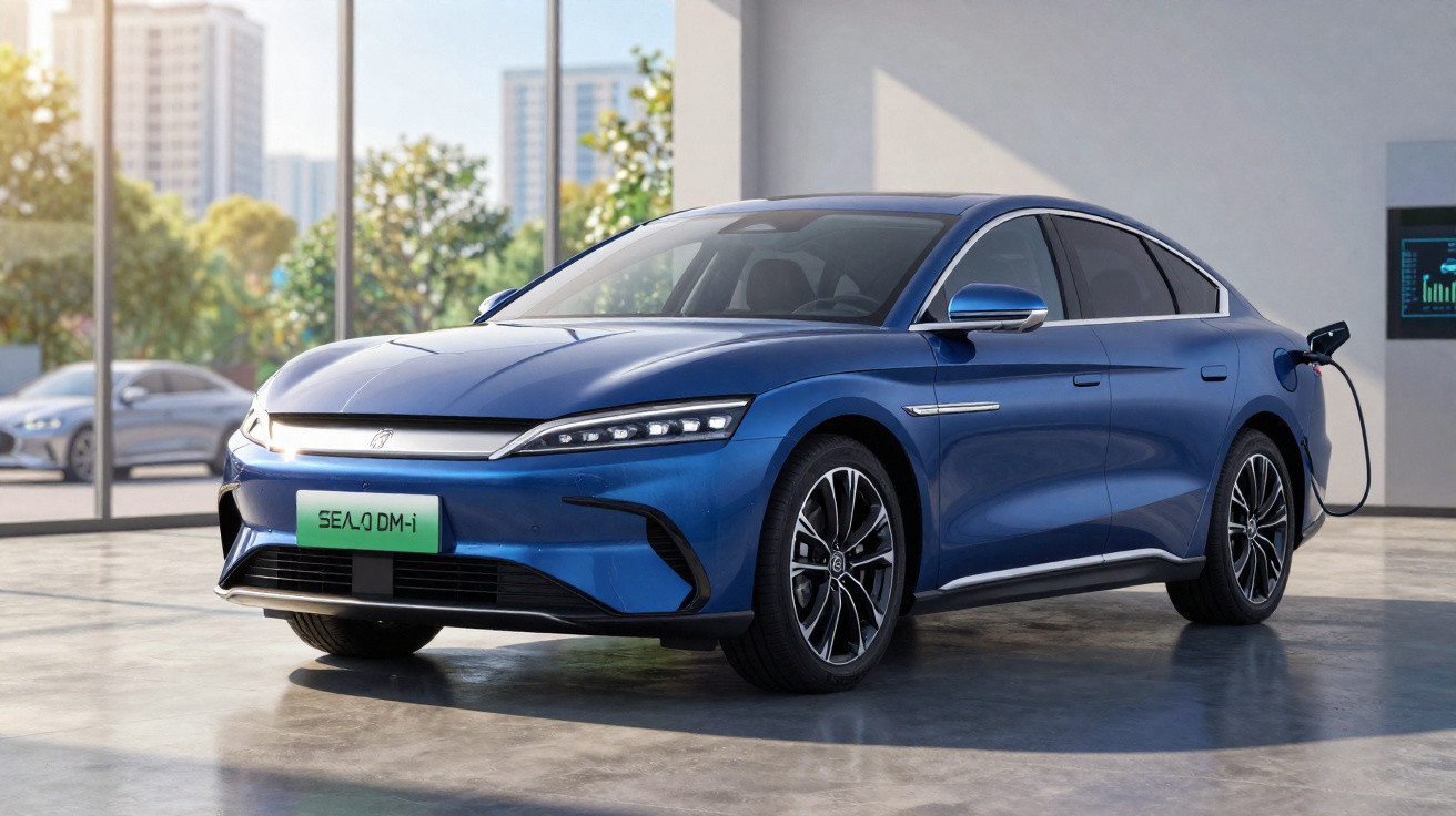 Carro elétrico azul estacionado em ambiente interno com carro conectado ao carregador.